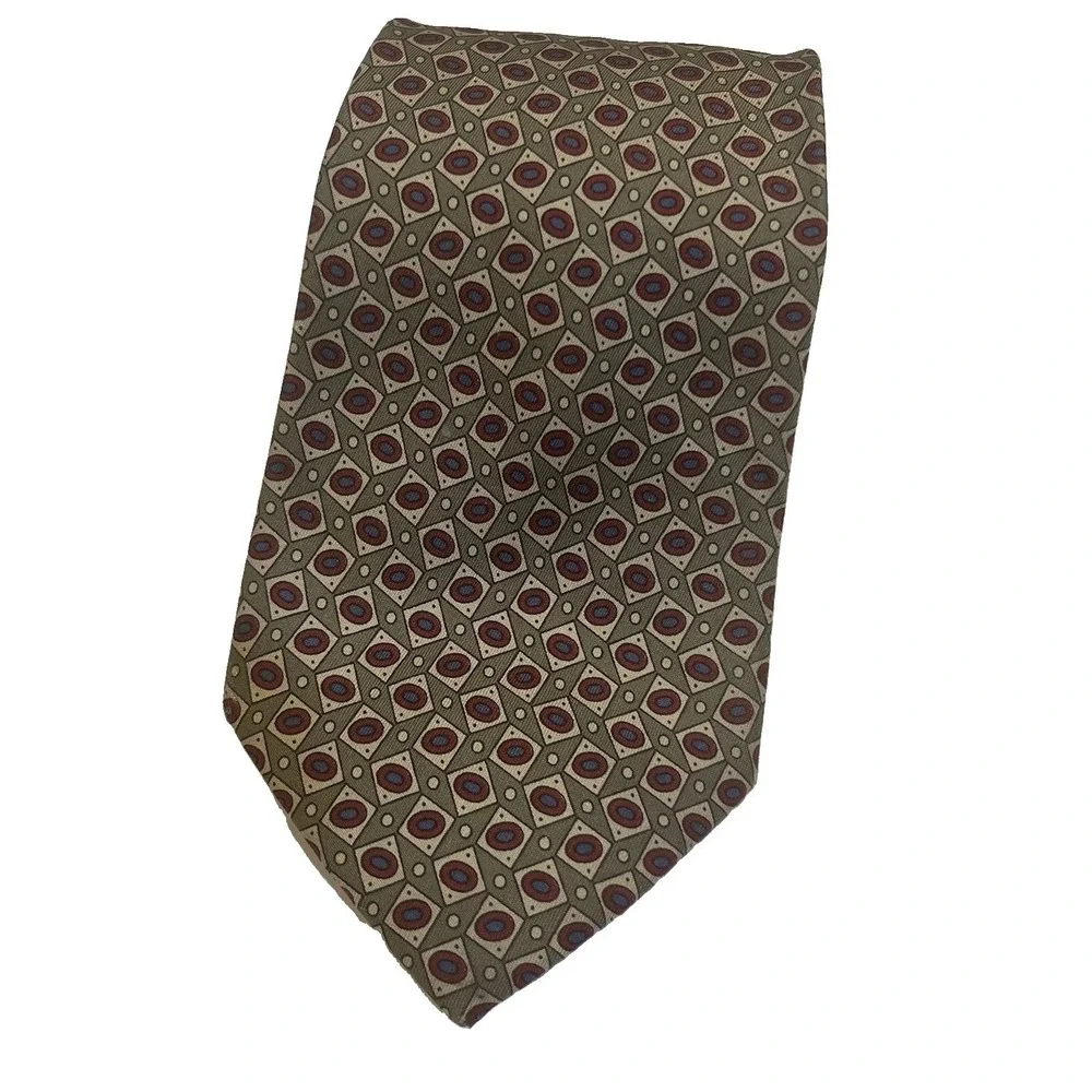 VTG Burberrys London 100% Silk Tie Hand Sewn Classic Width Geometric Olive USA